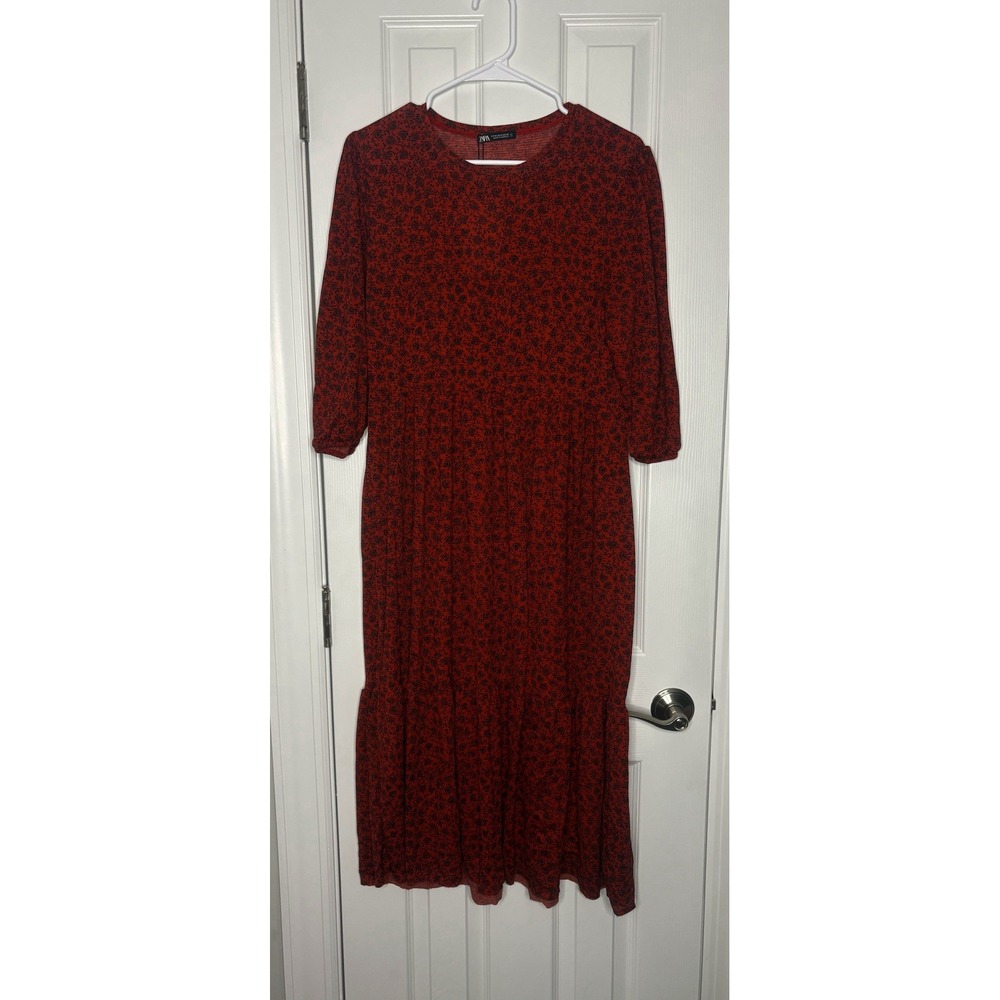 Zara Women's 3/4 Sleeve Midi Dress Red‎ Black Floral Medium New